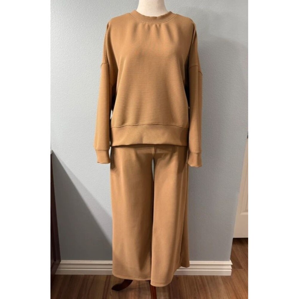 Zenana Ribbed 2 Piece Dolman Top & Drawstring Pants Set Large